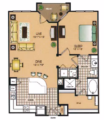 1 Bedroom 1 Bath 3308 floor plan